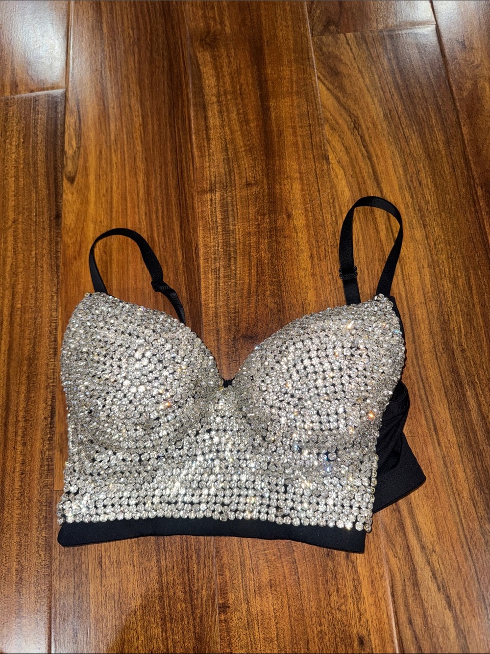 Embellished Silver Sequin Bralette with Black Straps